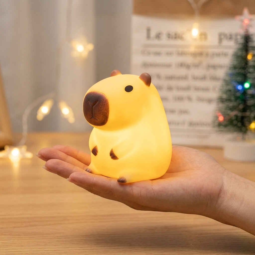 Mano sosteniendo la lámpara nocturna Oluna con forma de capibara, luz cálida encendida