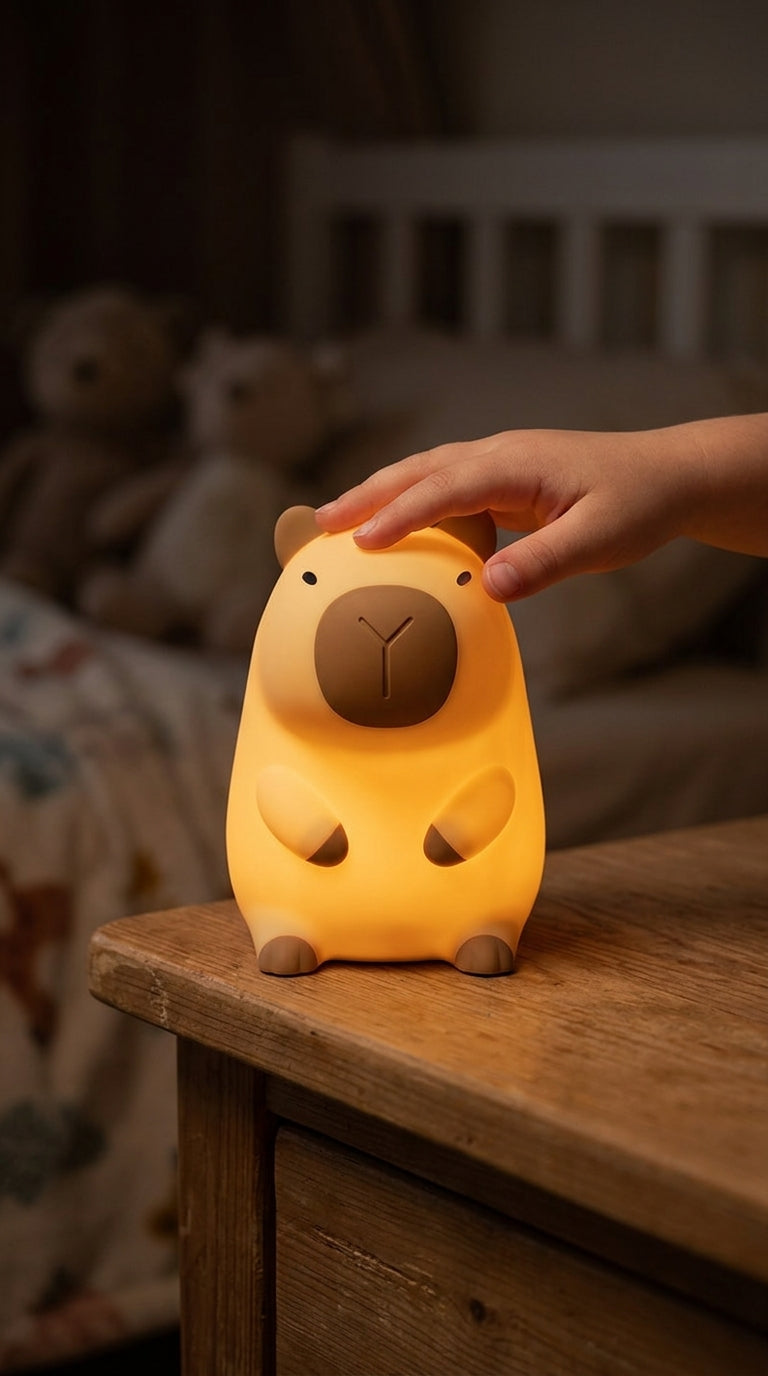 Niño acariciando la lámpara nocturna Oluna con forma de capibara para encenderla