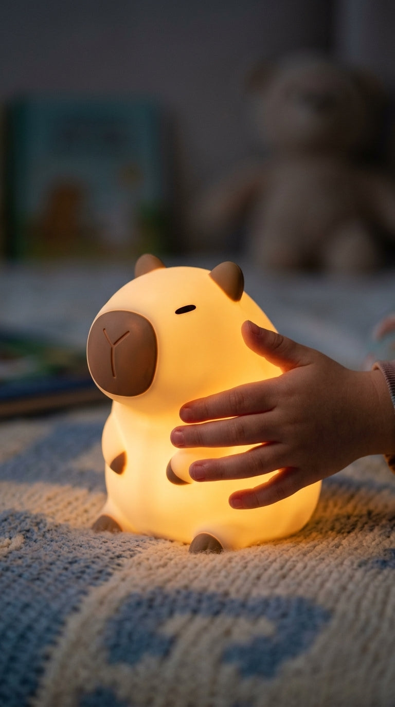Niño tocando la lámpara nocturna Oluna con forma de capibara, luz cálida encendida
